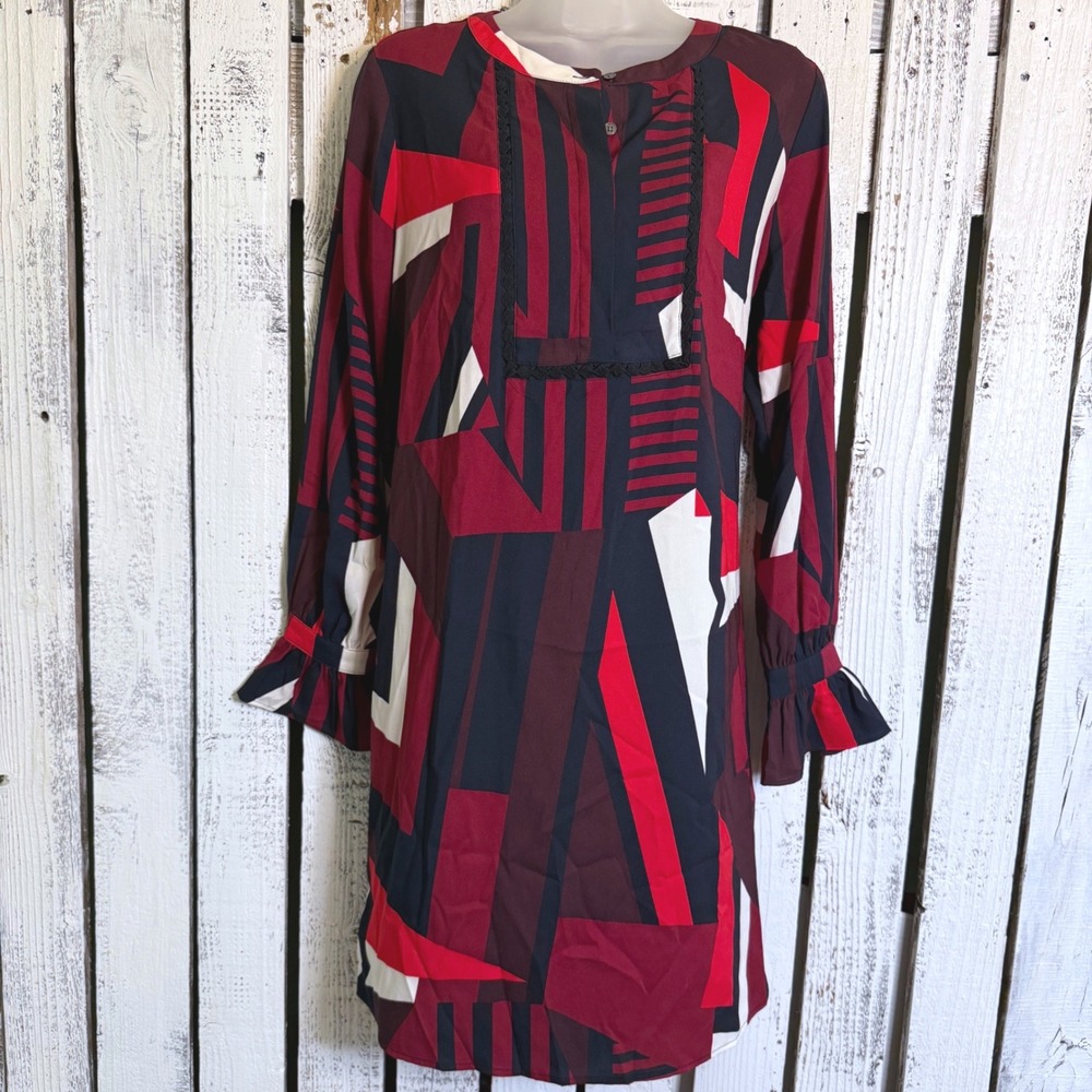 LOFT Geometric Abstract Shift Dress Size S Ruffle Cuff Office Career Red Blue